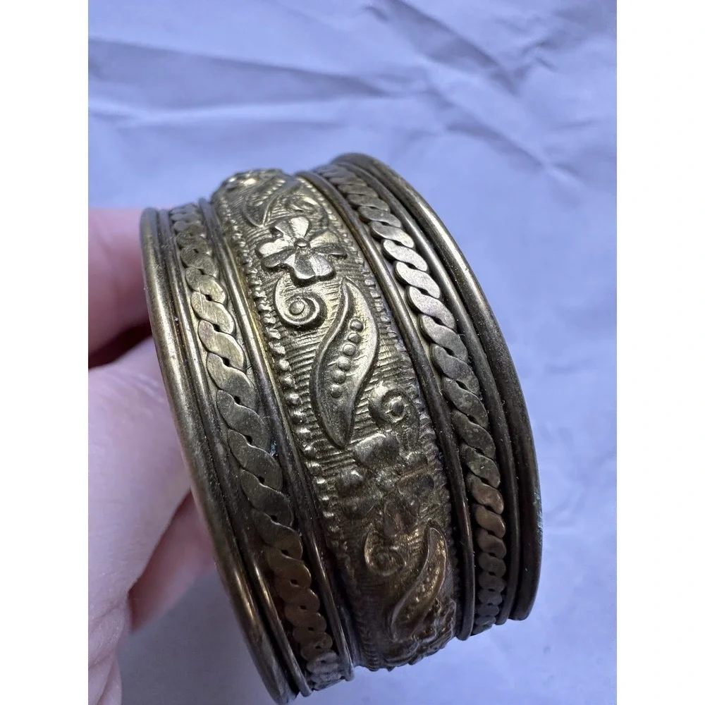 Vintage Brass Cuff  Bracelet bohemian or ethnic aesthetic embossed floral design